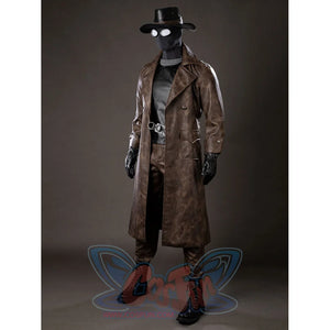 Spider-Noir Ben Reilly cosplay costume angled front view sets a brown trench coat over a black vest.