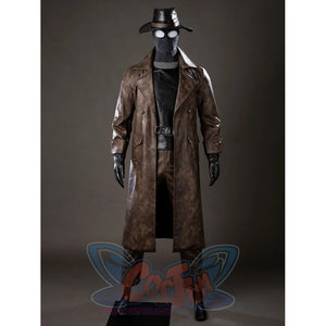 Spider-Noir Ben Reilly cosplay costume front view balances a black vest under the brown trench coat.