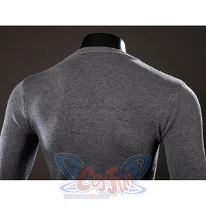 Spider-Noir Ben Reilly cosplay sweater back detail keeps a plain gray knit surface across the shoulders.