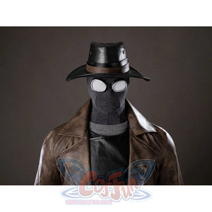 Spider-Noir Ben Reilly cosplay mask close-up sets round white goggles below a black hat brim.