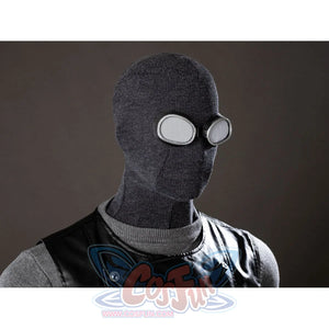 Spider-Noir Ben Reilly cosplay mask close-up angles the gray hood and round goggles above black vest panels.