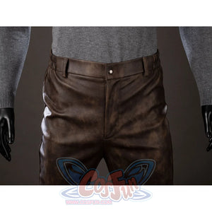Spider-Noir Ben Reilly cosplay pants front close-up sets belt loops around mottled brown fabric.