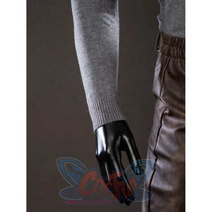 Spider-Noir Ben Reilly cosplay sleeve and glove detail sets gray knit cuffs above glossy black fingers.