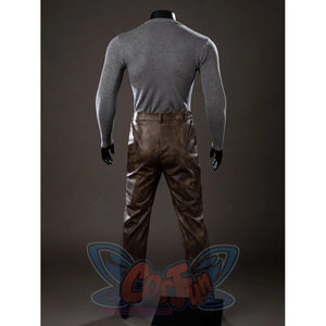 Spider-Noir Ben Reilly cosplay sweater and pants back view centers brown trousers below gray knit sleeves.