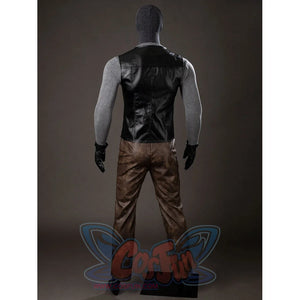 Spider-Noir Ben Reilly cosplay costume back view layers a black vest over gray sleeves and brown pants.
