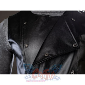 Spider-Noir Ben Reilly cosplay vest detail crosses black snap panels over a gray knit collar.