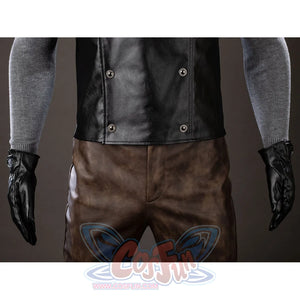 Spider-Noir Ben Reilly cosplay vest waist detail drops black panels above brown trousers and gloves.
