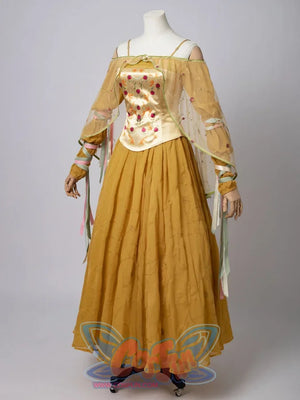 Star Wars Padme Amidala cosplay yellow dress front view sets rose embroidery over the golden corset.