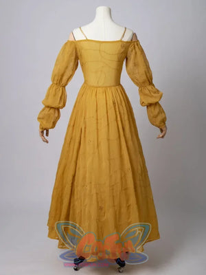Star Wars Padme Amidala cosplay yellow dress back view balances an off-shoulder bodice above the skirt.