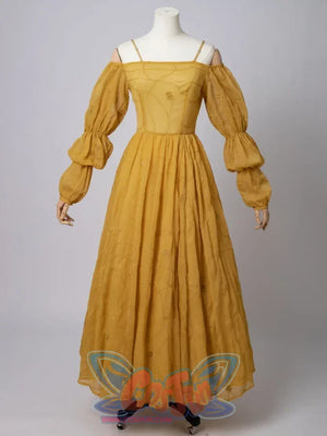 Star Wars Padme Amidala cosplay yellow dress back view layers puff sleeves over a full golden skirt.