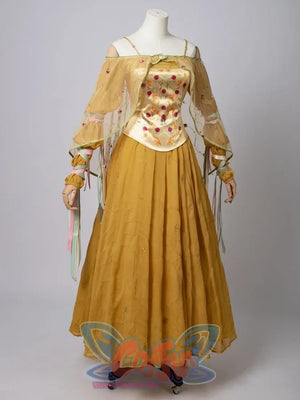 Star Wars Padme Amidala cosplay yellow dress angled front frames ribboned sleeves beside the embroidered corset.