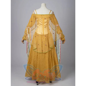Star Wars Padme Amidala cosplay yellow dress back view drapes sheer sleeves around a lace-up satin corset.