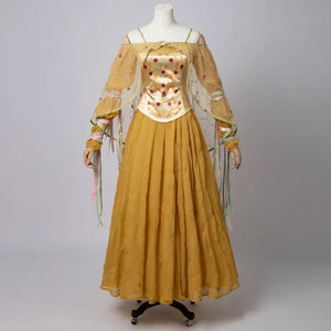 COSFUN Star Wars Padme Amidala cosplay yellow dress layers an embroidered satin corset over a full skirt.