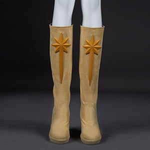 COSFUN The Boys Starlight cosplay boots front view featuring tan PU leather shafts accented by gold star emblems