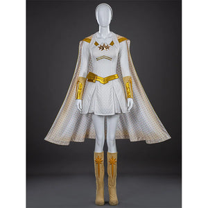 The Boys Starlight cosplay boots styled beneath a white hero outfit framed by a gold-trimmed cape