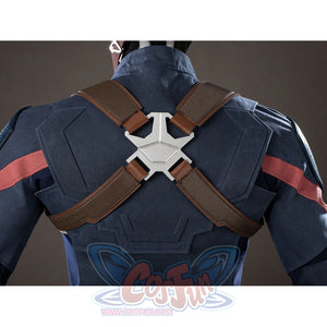 Steve Rogers cosplay back armor view crosses brown harness straps around a silver-tone back plate.