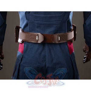 Steve Rogers cosplay belt back detail stretches brown faux leather across navy trouser panels.