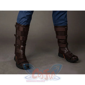 Steve Rogers cosplay boots angled view layers brown armor straps over dark rounded toes.