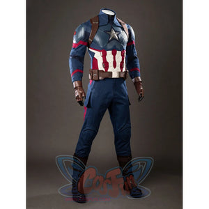 Steve Rogers cosplay costume layers a blue jumpsuit and brown straps above rugged black boots.