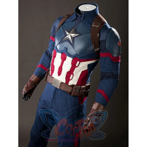 Steve Rogers cosplay costume angled view layers brown shoulder straps over a star chest panel.