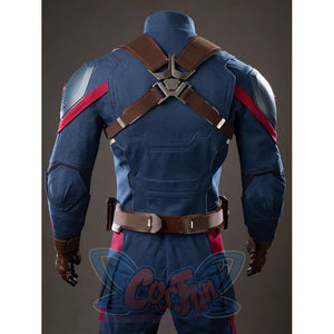 Steve Rogers cosplay costume back view crosses brown shoulder straps over a navy tactical suit.