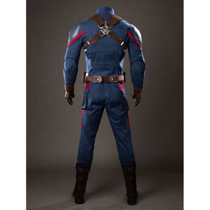 Steve Rogers cosplay costume back view anchors crossed shoulder straps above a brown utility belt.