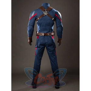 Steve Rogers cosplay costume back view anchors crossed shoulder straps above a brown utility belt.