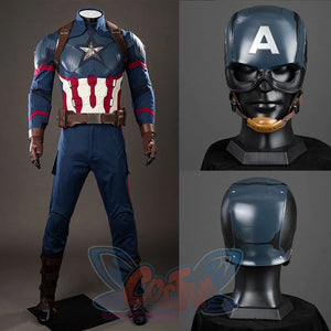 Steve Rogers cosplay costume collage sets the blue tactical suit beside front and back helmet views.