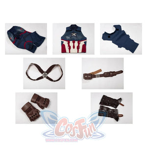 Steve Rogers cosplay costume set layout groups blue fabric pieces beside brown faux leather accessories.