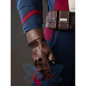 Steve Rogers cosplay glove detail wraps brown faux leather around the wrist below red sleeve trim.