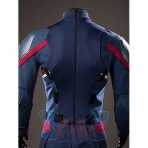 Steve Rogers cosplay jumpsuit back view traces a center zipper through navy stretch panels.