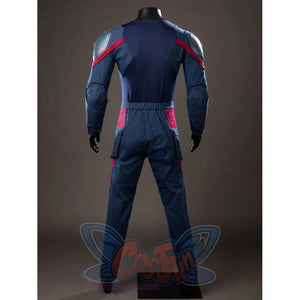 Steve Rogers cosplay jumpsuit back view follows navy stretch panels into red side accents.