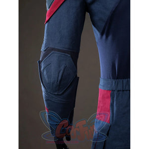Steve Rogers cosplay leg guard detail layers navy knee armor above a red side panel.