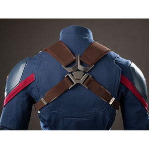 Steve Rogers cosplay shoulder harness detail locks brown straps into a silver-tone back clasp.