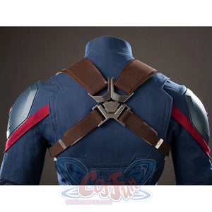 Steve Rogers cosplay shoulder harness detail locks brown straps into a silver-tone back clasp.