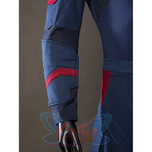 Steve Rogers cosplay sleeve detail layers red bands over navy armor panels near the wrist.