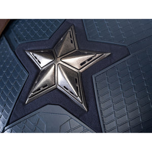 Steve Rogers cosplay chest emblem close-up sets a silver-tone star on textured navy armor.
