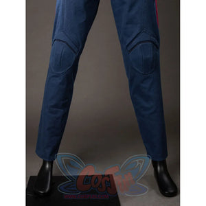 Steve Rogers cosplay trouser legs taper from navy fabric into fitted ankle openings.