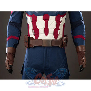 Steve Rogers cosplay costume midsection anchors red-white armor above blue trouser panels.