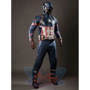 Steve Rogers cosplay costume angled view balances red torso panels with navy pants and brown straps.