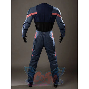Steve Rogers cosplay costume back view follows red sleeve bands across the navy jacket and pants.