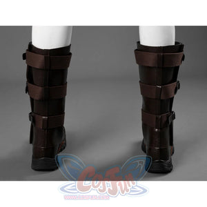 Steve Rogers cosplay centers brown synthetic faux leather boots with three buckled fabric straps each.