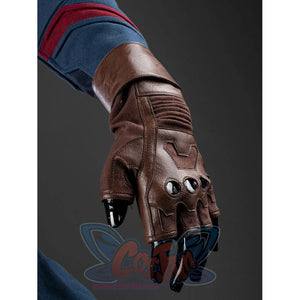 Steve Rogers cosplay glove detail frames brown faux leather panels over ribbed knuckles and black fingertips.