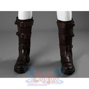 Steve Rogers cosplay dark brown knee-high boots anchor the look with tactical straps and rugged textured toe caps.