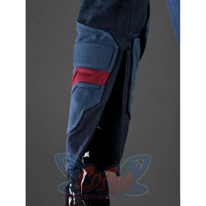 Steve Rogers cosplay leg guard anchors a blue denim fabric with a side zipper and a reinforced red stripe along the shin.