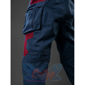Steve Rogers cosplay pants set blue cotton denim fabric with reinforced knee padding and deep side utility pockets.