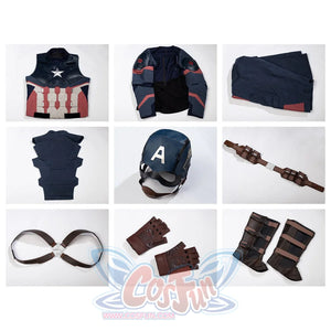 Steve Rogers cosplay costume set flat lay gathers vest pants helmet belt straps gloves and shoe covers.