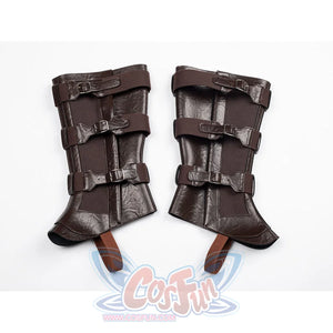 Steve Rogers cosplay centers brown composite faux leather shoe covers with multiple buckled straps and elastic stirrups.