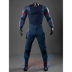 Steve Rogers cosplay bodysuit layers deep blue fabric with red accent stitching that traces along the sleeves and pant legs.