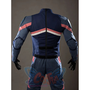Steve Rogers cosplay costume torso back view zips navy panels between red sleeve bands.